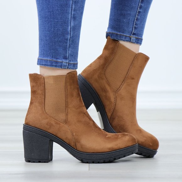 Chelsea Chunky Block High Heel Above Ankle Boots Brown Synthetic Suede - Picture 3 of 12